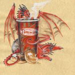  2014 ambiguous_gender bagel beverage coffee cup dragon duo feral food heather_bruton horn membranous_wings steam tongue tongue_out wings 