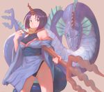  &gt;:( absurdres armpit_peek bare_shoulders black_hair black_leotard blue_eyes breasts brown_scarf cameltoe closed_mouth commentary_request cowboy_shot dragon dragon_girl dragon_horns dragon_tail dual_persona elma_(dragon)_(maidragon) elma_(maidragon) frown gradient_hair highres holding holding_weapon horn horns japanese_clothes jhc_kai kimono kobayashi-san_chi_no_maidragon leotard leotard_under_clothes long_sleeves looking_at_viewer medium_breasts multicolored_hair obi off_shoulder partially_visible_vulva polearm purple_hair sash scarf short_hair tail trident v-shaped_eyebrows weapon wide_sleeves 