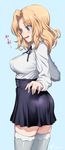  ass blonde_hair blue_background breasts girls_und_panzer highres inu_(aerodog) kay_(girls_und_panzer) long_hair looking_down medium_breasts meme_attire open_mouth simple_background skindentation skirt solo thighhighs thighs translated twitter_username virgin_killer_outfit zettai_ryouiki 