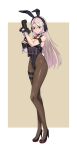  1girl absurdres animal_ears breasts chest_rig covered_navel detached_collar fake_animal_ears fake_tail finger_on_trigger fingerless_gloves full_body gloves gun handgun harness headset high_heels highleg highleg_leotard highres holding holding_gun holding_weapon holster leotard long_hair looking_at_viewer medium_breasts necktie original pantyhose pink_hair playboy_bunny purple_eyes rabbit_ears rabbit_tail red_necktie shotgun shotgun_shell solo standing strapless strapless_leotard tactical_playboy_bunny tail tanke_laide thigh_holster two-tone_background weapon weapon_request wrist_cuffs 