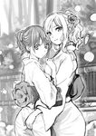  bad_id bad_pixiv_id bangs closed_mouth greyscale hand_on_another's_ass hand_on_ass hand_up japanese_clothes kimono long_hair looking_at_viewer looking_back monochrome multiple_girls obi original outdoors parted_lips ponytail pursed_lips sash sidelocks smile upper_body wavy_hair yoropa 