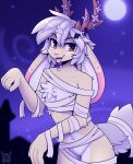 anthro antlers bandage chest_tuft clothing costume femboy fleur_(fleurfurr) fleurfurr fur hair halloween halloween_costume hi_res holidays horn jackalope lagomorph leporid male mammal moon multicolored_body multicolored_fur mummy_wrappings night orange_eyes outside pink_body pink_fur rabbit solo tongue tongue_out tuft white_hair yellow_body yellow_fur