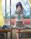  aqua_neckwear arms_at_sides belly_peek blue_hair blurry breasts classroom cloud cloudy_sky curtains day depth_of_field desk grey_skirt high_ponytail highres indoors large_breasts long_hair looking_at_viewer love_live! love_live!_sunshine!! matsuura_kanan md5_mismatch neckerchief pleated_skirt ponytail purple_eyes school_desk school_uniform serafuku shirt short_sleeves skirt sky smile solo standing sugi87 thigh_gap tie_clip uranohoshi_school_uniform wallet white_shirt window 