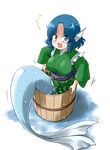  blue_eyes blue_hair blush breasts bucket commentary_request drill_hair green_kimono head_fins in_bucket in_container japanese_clothes kimono kousei_(public_planet) large_breasts mermaid monster_girl obi open_mouth sash shaded_face short_kimono solo stuck touhou wakasagihime wooden_bucket 