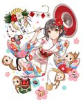  &gt;_&lt; 2016 :3 :d bangs bell black_hair blush braid camellia charm_(object) chinese_zodiac closed_eyes closed_mouth commentary_request ema eyebrows_visible_through_hair floral_print flower full_body furisode hair_flower hair_ornament happy_new_year head_tilt highres holding holding_umbrella japanese_clothes jingle_bell kagami_mochi kimono looking_at_viewer mask mignon monkey new_year obi oni_mask open_mouth oriental_umbrella original red_flower sandals sash shimekazari shishimai side_braid simple_background smile socks solo spinning_top tabi umbrella white_background white_kimono white_legwear year_of_the_monkey yellow_eyes 