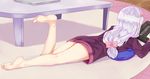  bare_legs barefoot bow carpet commentary_request computer drawing drawing_tablet eromanga_sensei feet hair_bow highres indoors izumi_sagiri laptop leg_up long_hair long_sleeves low-tied_long_hair lying nenosame no_pants on_stomach pillow pink_bow purple_shirt shiny shiny_hair shirt silver_hair soles solo table the_pose toes very_long_hair 