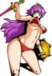  1zu3 ahoge athena_(series) bikini green_eyes hairband navel open_mouth princess_athena purple_hair red_bikini shield snk solo swimsuit sword weapon 