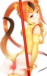  animal_ears ass bangle bracelet brown_eyes brown_hair circlet closed_mouth elbow_gloves eyebrows_visible_through_hair finger_to_mouth from_behind gloves golden_snub-nosed_monkey_(kemono_friends) head_tilt high_ponytail highres holding holding_staff jewelry kemono_friends leotard lodbyy long_hair monkey_ears monkey_tail multicolored_hair orange_hair simple_background smile solo staff tail two-tone_hair very_long_hair white_background yellow_legwear yellow_leotard 
