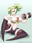  2017 abs anthro athlete bangs big_breasts blush breasts cleavage clothed clothing dumbbell eifie female fitness gardevoir green_hair hair headband legwear navel nintendo open_mouth pok&eacute;ball pok&eacute;mon pok&eacute;morph red_eyes shorts solo spats stockings sweat thigh_highs thong tight_clothing training video_games weights 