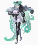  1girl absurdres black_leotard black_thighhighs bodysuit bodysuit_under_clothes brass_knuckles breasts full_body green_hair habit high_heels highres holding holding_weapon huge_breasts leotard long_hair looking_at_viewer maeshima_shigeki original red_eyes solo standing tentacle_hair tentacles thighhighs very_long_hair weapon white_bodysuit 