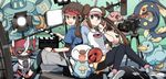  1girl ^_^ back-to-back bird blue_eyes brown_hair camera closed_eyes double_bun duck ducklett gen_5_pokemon holding holding_poke_ball kyouhei_(pokemon) long_hair lowres megaphone mei_(pokemon) movie_camera oshawott pantyhose poke_ball pokemon pokemon_(creature) pokemon_(game) pokemon_bw2 raglan_sleeves sample short_hair shorts smile stage_lights twintails visor_cap wm_(chawoo1357) 