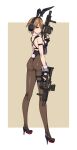  1girl absurdres ahoge animal_ears ass breasts brown_hair chest_rig covered_navel detached_collar dual_wielding fake_animal_ears fake_tail finger_on_trigger fingerless_gloves full_body gloves grenade_launcher gun hair_over_one_eye handgun harness headset high_heels highleg highleg_leotard highres holding holding_gun holding_weapon holster leotard looking_at_viewer medium_breasts necktie original pantyhose playboy_bunny purple_eyes rabbit_ears rabbit_tail red_necktie short_hair solo standing strapless strapless_leotard tactical_playboy_bunny tail tanke_laide thigh_holster two-tone_background very_short_hair weapon weapon_request wrist_cuffs 