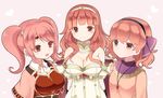  bare_shoulders breastplate breasts brown_eyes celica_(fire_emblem) circlet cleavage fire_emblem fire_emblem_echoes:_mou_hitori_no_eiyuuou grey_background hairband heart jenny_(fire_emblem) jewelry large_breasts long_hair mae_(fire_emblem) multiple_girls necklace open_mouth pink_hair red_eyes red_hair shira_yu_ki twintails 