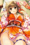  absurdres ass_visible_through_thighs bangs breasts brown_eyes brown_hair cleavage comic_penguin_club detached_sleeves eyebrows_visible_through_hair floral_print hagoita hair_ornament hanetsuki highres indoors japanese_clothes kimono large_breasts long_hair looking_at_viewer lying medium_breasts obi open_mouth original paddle sash scan smile solo thigh_strap wide_sleeves yan-yam 
