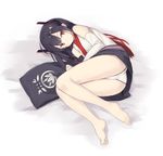 bare_legs bare_shoulders barefoot black_hair closed_mouth commentary detached_sleeves expressionless feet gradient_hair headgear long_hair looking_at_viewer lying multicolored_hair on_side original panties poco_(asahi_age) red_eyes red_hair solo thighs underwear white_background 