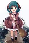  animal_ears bangs black_footwear blush broom dress fang green_eyes green_hair holding holding_broom kasodani_kyouko long_sleeves looking_at_viewer open_mouth shoes smile socks solo touhou uguisu_mochi_(ykss35) white_legwear 