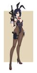  1girl absurdres animal_ears arm_at_side blue_hair breasts chest_rig covered_navel covered_nipples detached_collar fake_animal_ears fake_tail finger_on_trigger fingerless_gloves full_body gloves gun handgun harness headset high_heels highleg highleg_leotard highres holding holding_gun holding_weapon holster leotard looking_at_viewer medium_breasts necktie original pantyhose playboy_bunny purple_eyes rabbit_ears rabbit_tail red_necktie short_hair solo standing strapless strapless_leotard submachine_gun tactical_playboy_bunny tail tanke_laide thigh_holster two-tone_background weapon weapon_request wrist_cuffs 
