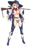  american_flag_bikini bangs belt bikini blonde_hair blue_eyes blush boots bra breasts cameltoe character_request cleavage covered_nipples cowboy_boots cygnus_(cygnus7) eyebrows_visible_through_hair flag_print front-tie_top full_body gang_of_heaven gun hat holding large_breasts long_hair looking_at_viewer red_scarf rifle rope scarf scope shiny shiny_skin smile solo swimsuit transparent_background underwear weapon 
