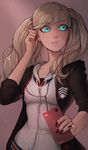  absurdres artist_name black_jacket blonde_hair blue_eyes cellphone closed_mouth hair_ornament hairclip headphones highres holding holding_phone jacket layered_clothing long_hair matilda_vin nail_polish open_clothes open_jacket persona persona_5 phone red_nails smartphone solo takamaki_anne twintails white_jacket zipper zipper_pull_tab 