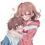  1boy 1girl absurdres amamiya_hibiya blue_shirt blush brown_eyes brown_hair closed_eyes heart highres jacket kagerou_project kisaragi_momo medium_hair necoichan one_side_up open_mouth pink_jacket shirt short_sleeves simple_background smile sweat vest white_background white_vest 
