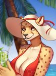  2017 alcohol anthro beach beverage bikini biped blue_sky breasts brown_fur brown_spots bust_portrait cheetah cleavage clothed clothing cocktail depth_of_field detailed_background digital_media_(artwork) feline female front_view fur grey_nose hat holding_glass holding_object looking_at_viewer mammal multicolored_fur natasha_peterson outside palm_tree portrait red_clothing red_swimsuit red_topwear seaside signature sky smiju smile solo spots spotted_fur standing swimsuit tree white_fur yellow_eyes yellow_fur 