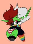  big_butt brown_hair butt clothing condom condom_in_mouth duo female goblin green_skin hair humanoid looking_at_viewer not_furry panties pointy_ears red_eyes thick_thighs underwear vono white_hair 