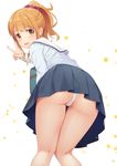  :d ass banned_artist blush eromanga_sensei eyebrows_visible_through_hair from_behind highres jinno_megumi kneepits knees_together_feet_apart leaning_forward long_hair looking_at_viewer looking_back miniskirt n.g. open_mouth orange_eyes orange_hair panties pleated_skirt ponytail school_uniform scrunchie serafuku skirt smile solo thighs underwear upskirt v white_panties 