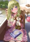  bad_id bad_pixiv_id bangs blonde_hair blush book book_on_lap chair closed_mouth coffee_table desk dress green_eyes holding holding_stuffed_animal indoors legs_together light_smile long_hair looking_at_viewer original pink_dress plant potted_plant sitting smile solo stuffed_animal stuffed_toy table teddy_bear yoropa 