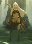  android bird black_gloves breasts cropped elbow_gloves gloves instant_ip long_hair looking_at_viewer navel nier_(series) nier_automata silver_hair solo stomach water waterfall yorha_type_a_no._2 