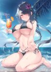  1girl aotsu_karin beach bikini black_bikini blush breasts cup drinking_glass flower hair_flower hair_ornament hair_over_one_eye highres holding holding_cup huge_breasts long_hair looking_at_viewer navel ocean original outdoors purple_eyes side-tie_bikini_bottom smile solo swimsuit thighs underboob 