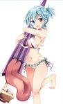  :d alternate_costume alternate_hairstyle bare_arms bare_legs barefoot between_breasts bikini black_bikini_top blue_eyes blue_hair blush breasts criss-cross_halter frilled_bikini frills hair_between_eyes hair_ornament halterneck heterochromia highres large_breasts layered_bikini leg_up looking_at_viewer maturiuta_sorato navel object_hug open_mouth red_eyes short_hair short_ponytail side-tie_bikini sideboob simple_background smile solo standing standing_on_one_leg stomach swimsuit tatara_kogasa tongue touhou umbrella white_background white_bikini x_hair_ornament 