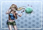  &lt;3 ^_^ beige_skin blonde_hair blue_eyes border breasts cleavage clothed clothing digiflohw drooling eyes_closed green_body hair headphones human jacket mammal metroid metroid_(species) midriff navel nintendo pattern-background saliva samus_aran shirt shorts smile super_smash_bros video_games white_border 