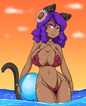  &lt;3 animal_humanoid ball bikini breasts cat_humanoid clothing dark_skin duckdraw feline female flower freckles hair humanoid mammal pink_eyes plant purple_hair swimsuit 