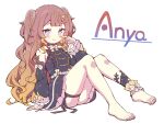  1girl anya_melfissa anya_melfissa_(1st_costume) barefoot black_dress blonde_hair brown_hair character_name commentary_request detached_sleeves dress feet frilled_dress frills full_body gradient_hair hololive hololive_indonesia ishida_aya knees_together_feet_apart knees_up leg_ribbon legs long_hair long_sleeves looking_at_viewer mixed-language_commentary multicolored_hair on_floor purple_eyes ribbon simple_background single_ankle_cuff sitting sleeveless sleeveless_dress smile solo thigh_ribbon toenails toes two_side_up virtual_youtuber white_background 