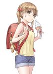  backpack bad_id bad_pixiv_id bag bag_charm bangs blush brown_eyes brown_hair camisole charm_(object) closed_mouth cowboy_shot denim denim_shorts eating eyebrows_visible_through_hair food hair_bobbles hair_ornament holding holding_food ice_cream looking_at_viewer original randoseru short_shorts shorts simple_background solo thighs tongue tongue_out twintails white_background yoropa 