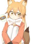  animal_ears blazer blonde_hair blush bow brown_hair closed_mouth extra_ears eyebrows_visible_through_hair ezo_red_fox_(kemono_friends) fox_ears fox_tail hair_between_eyes handheld_game_console head_tilt jacket kemono_friends leg_hug long_hair looking_at_viewer multicolored_hair necktie orange_eyes own_hands_together playstation_portable pleated_skirt rateratte sitting skirt smile solo spoken_game_console tail two-tone_hair white_background white_bow white_legwear white_skirt yellow_neckwear 