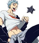  adonis_belt alternate_hairstyle ban_(nanatsu_no_taizai) blue_hair collarbone fang hair_slicked_back hairband looking_at_viewer male_focus nanatsu_no_taizai navel off_shoulder pants red_eyes scar shirt_lift short_hair simple_background smile spiked_hair star tayu_(canary-san) toned toned_male tongue tongue_out white_background 