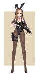  1girl absurdres animal_ears assault_rifle breasts brown_hair chest_rig covered_navel detached_collar fake_animal_ears finger_on_trigger fingerless_gloves full_body gloves gun hair_over_one_eye handgun harness headset high_heels highleg highleg_leotard highres holding holding_gun holding_weapon holster leotard long_hair looking_at_viewer magazine_(weapon) medium_breasts necktie original pantyhose playboy_bunny purple_eyes rabbit_ears red_necktie rifle solo standing strapless strapless_leotard tactical_playboy_bunny tanke_laide thigh_holster two-tone_background weapon weapon_request wrist_cuffs 