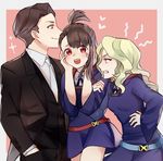  2girls andrew_hanbridge bad_id bad_pixiv_id blonde_hair blue_eyes blush brown_hair diana_cavendish formal from_side hands_on_own_cheeks hands_on_own_face hetero jealous kagari_atsuko little_witch_academia locked_arms long_hair love_triangle luna_nova_school_uniform multiple_girls necktie profile red_eyes sandwiched school_uniform sudandan9 suit yuri 