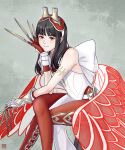  1girl absurdres bare_shoulders bird_girl black_hair claw_(weapon) fire_emblem fire_emblem_heroes flight_goggles gloves glowing glowing_wings highres hraesvelgr_(fire_emblem) kousetu0506 leggings light_smile long_hair looking_at_viewer red_aura red_eyes red_gloves red_leggings red_trim red_wings solo weapon wings 