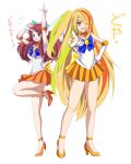  2girls :d alternate_hairstyle arm_up bishoujo_senshi_sailor_moon blonde_hair blue_eyes bow breasts choker cosplay eyes_visible_through_hair flying_sweatdrops full_body gloves green_hair hair_bow hair_ribbon hand_on_hip high_heels highres long_hair medium_breasts minamoto_sakura multicolored_hair multiple_girls nikaidou_saki one_eye_closed open_mouth orange_choker orange_eyes orange_footwear orange_hair orange_sailor_collar pirochi pleated_skirt pointing pointing_at_viewer pointing_up polka_dot polka_dot_bow red_hair ribbon sailor_collar sailor_senshi_uniform sailor_venus sailor_venus_(cosplay) side_ponytail simple_background skirt smile standing standing_on_one_leg streaked_hair v very_long_hair white_background white_gloves white_ribbon zombie_land_saga 