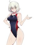  ahoge blue_swimsuit competition_swimsuit fate/grand_order fate_(series) hand_on_hip highleg highleg_swimsuit highres jeanne_d'arc_(alter)_(fate) jeanne_d'arc_(fate)_(all) kagemusha looking_at_viewer one-piece_swimsuit short_hair silver_hair simple_background solo swimsuit white_background yellow_eyes 