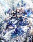  blue_eyes blue_hair boots cape cross-laced_footwear crown earrings full_body fur_trim highres jewelry kunai looking_at_viewer male_focus multicolored_hair pale_skin scarf shingoku_no_valhalla_gate shutsuri smile snowflake_print solo sword weapon white_cape white_hair white_scarf wide_sleeves 