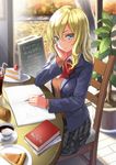  bad_id bad_pixiv_id bangs black_skirt blazer blonde_hair blue_eyes brown_sweater cafe cake chair closed_mouth coffee cola cup day food hair_between_eyes hand_on_own_cheek highres holding holding_pencil indoors jacket light_smile looking_at_viewer open_blazer open_clothes open_jacket original pencil plaid plaid_skirt plant pleated_skirt potted_plant saucer sign sitting skirt smile solo sweater table tart_(food) teacup writing yoropa 