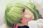  c.c. closed_mouth code_geass commentary_request creayus dress_shirt expressionless face green_hair head_on_hand lips long_hair looking_at_viewer portrait realistic shirt solo twitter_username white_shirt yellow_eyes 