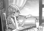  bad_id bad_pixiv_id blush bracelet chair closed_mouth cup day greyscale hair_between_eyes indoors jewelry long_hair looking_at_watch monochrome original plate pursed_lips sketch solo table watch wavy_hair window wristwatch yoropa 