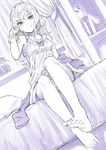  :q bad_id bad_pixiv_id barefoot blush dutch_angle feet full_body licking_lips long_hair looking_at_viewer monochrome on_bed original pov_feet sitting sitting_on_bed sketch smile soles solo toes tongue tongue_out yoropa 