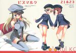  10s 3girls :d ass bare_shoulders between_legs bismarck_(kantai_collection) breasts character_name dress from_behind full_body hand_between_legs hat kantai_collection long_hair long_sleeves looking_back military_hat multiple_girls panties pantyshot pillow sazaki_ichiri short_hair sitting wariza z1_leberecht_maass_(kantai_collection) z3_max_schultz_(kantai_collection) 