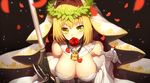  aestus_estus bangs bare_shoulders black_background blonde_hair breasts chain cleavage commentary detached_collar detached_sleeves elbow_gloves fate/extra fate/extra_ccc fate_(series) flower gloves green_eyes hair_intakes head_wreath highres large_breasts leotard light_particles lock long_sleeves looking_at_viewer motion_blur mouth_hold nero_claudius_(bride)_(fate) nero_claudius_(fate)_(all) padlock petals red_flower red_rose ringed_eyes rose rose_petals sh_(562835932) short_hair simple_background strapless strapless_leotard sword unsheathed upper_body veil weapon white_gloves white_leotard white_sleeves wide_sleeves wreath 