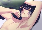  a3! arm_up armpits black_hair blonde_hair gradient gradient_background looking_at_viewer male_focus mole mole_under_mouth multicolored_hair murasakino purple_eyes shirtless solo streaked_hair undressing upper_body usui_masumi 